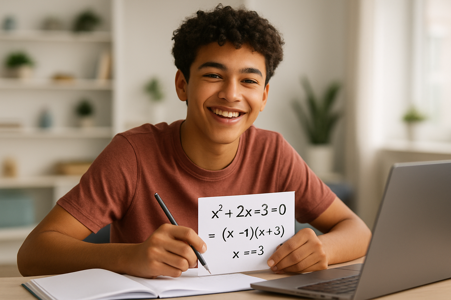 Estudiante feliz resolviendo matemáticas